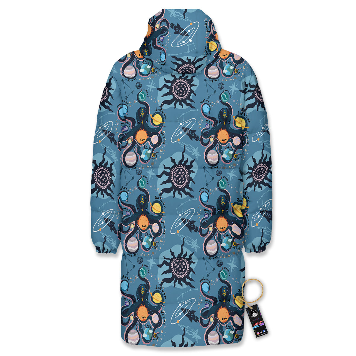 Alien On Planets Print Pattern Long Down Jacket-grizzshop