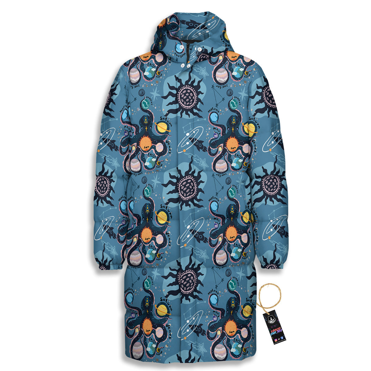 Alien On Planets Print Pattern Long Down Jacket-grizzshop