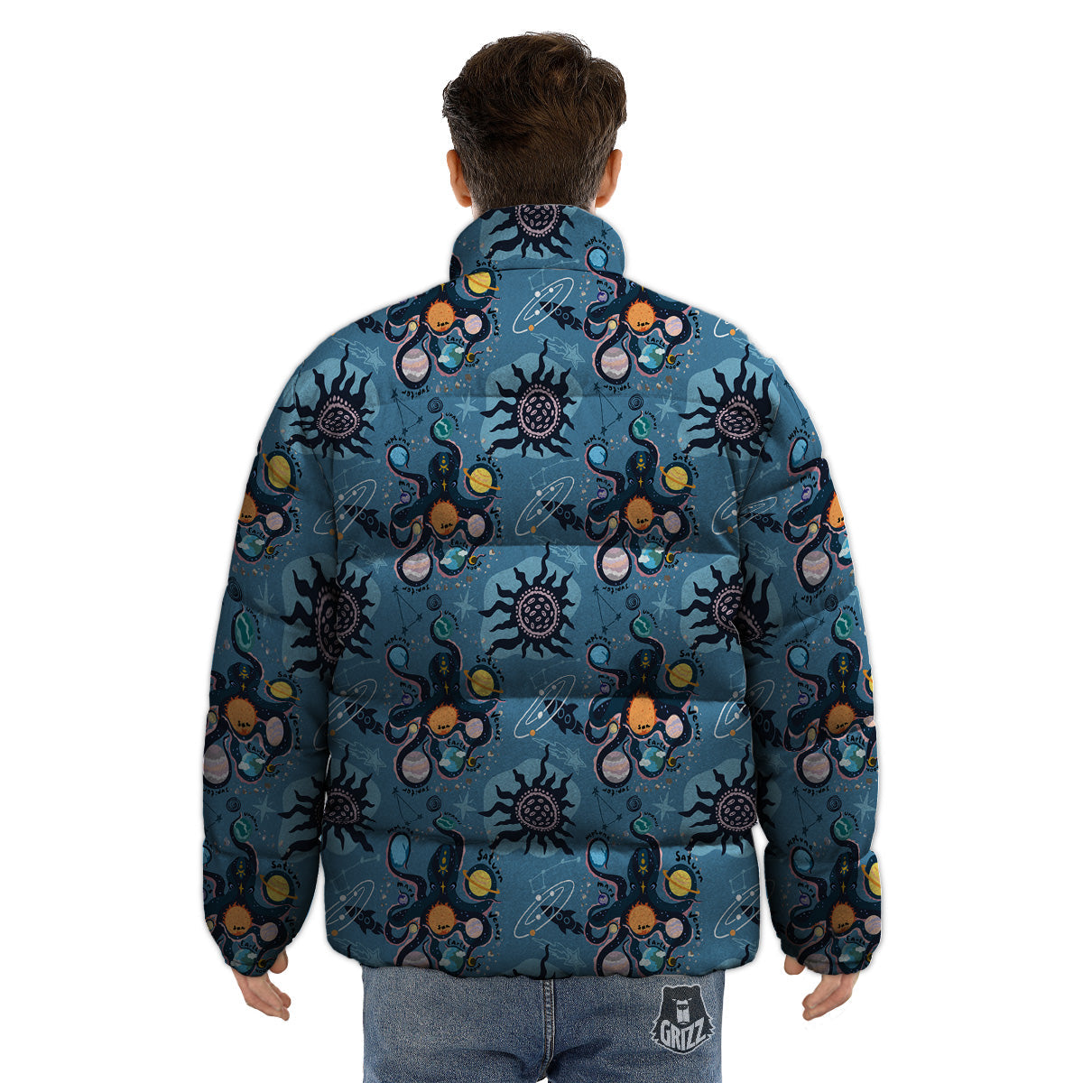 Alien On Planets Print Pattern Puffer Jacket-grizzshop