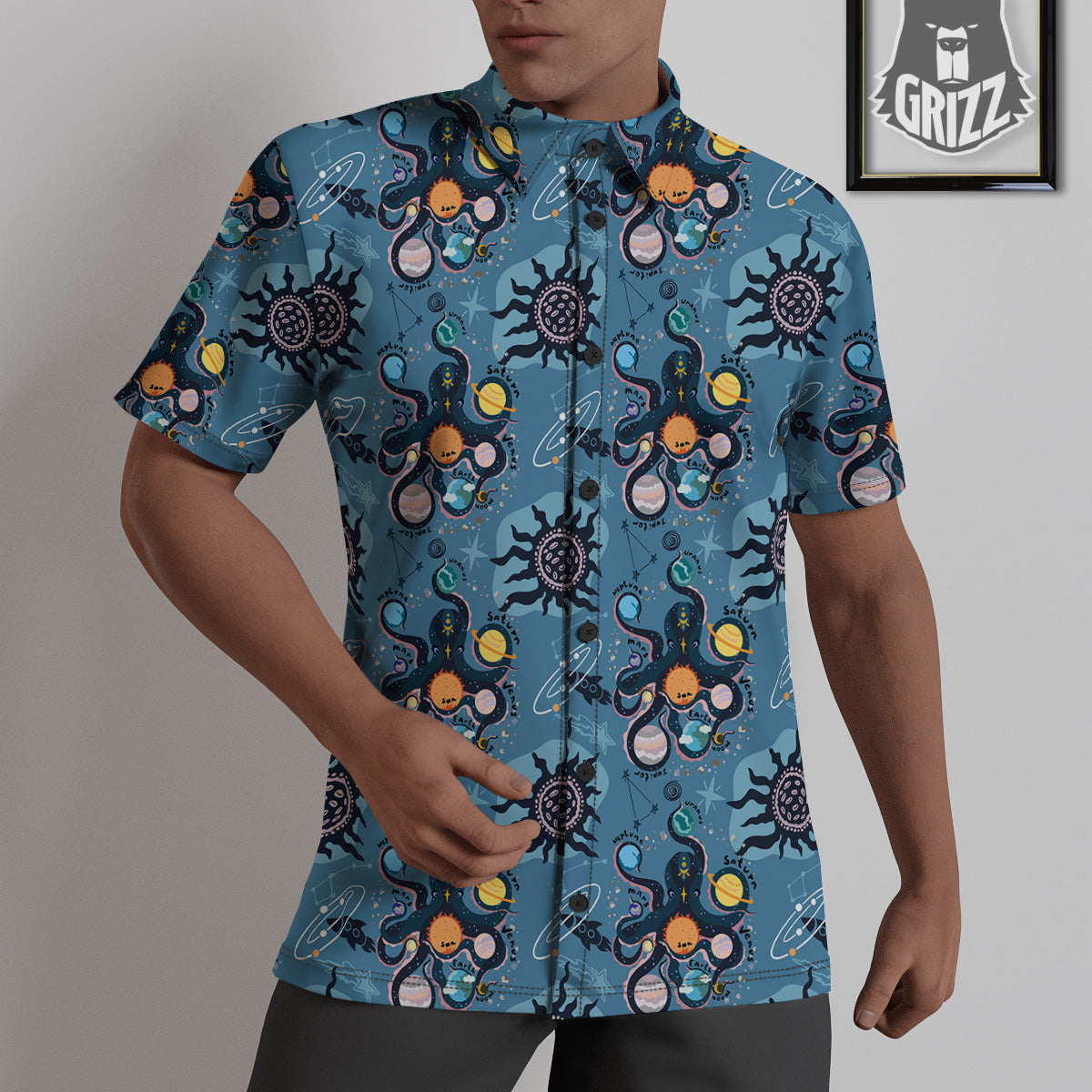 Alien On Planets Print Pattern Untucked Shirts-grizzshop