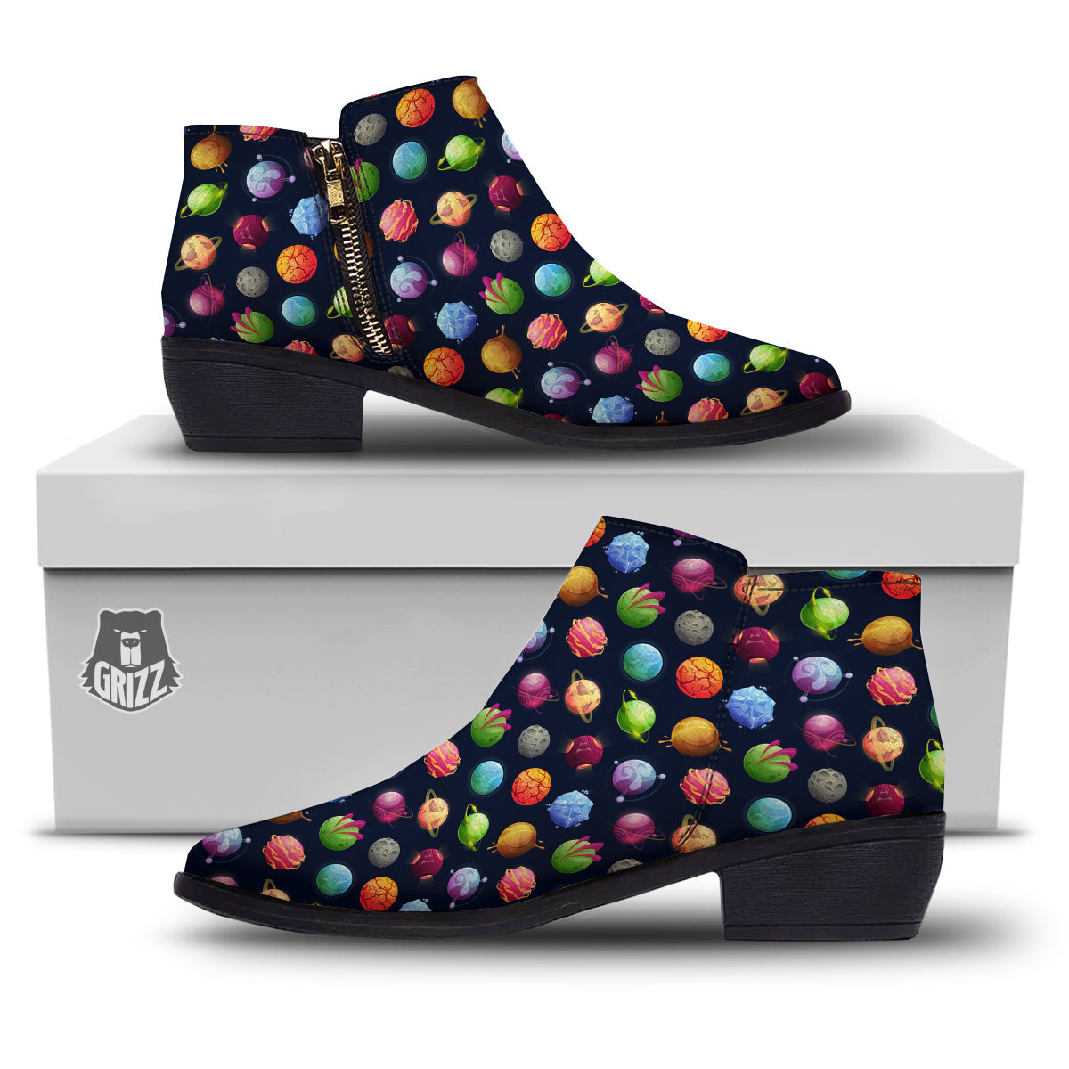 Alien Planets And Stars Print Pattern Ankle Boots-grizzshop