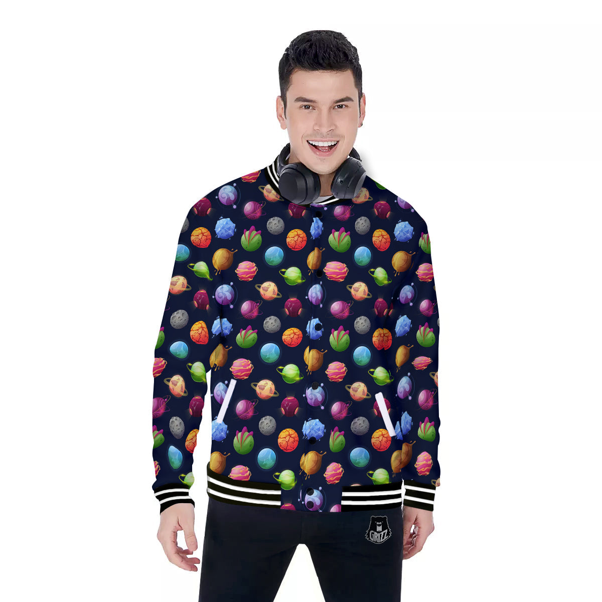 Alien Planets And Stars Print Pattern Baseball Jacket-grizzshop