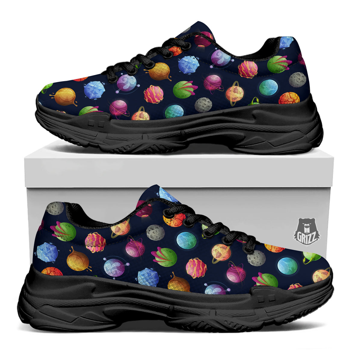 Alien Planets And Stars Print Pattern Black Chunky Shoes-grizzshop
