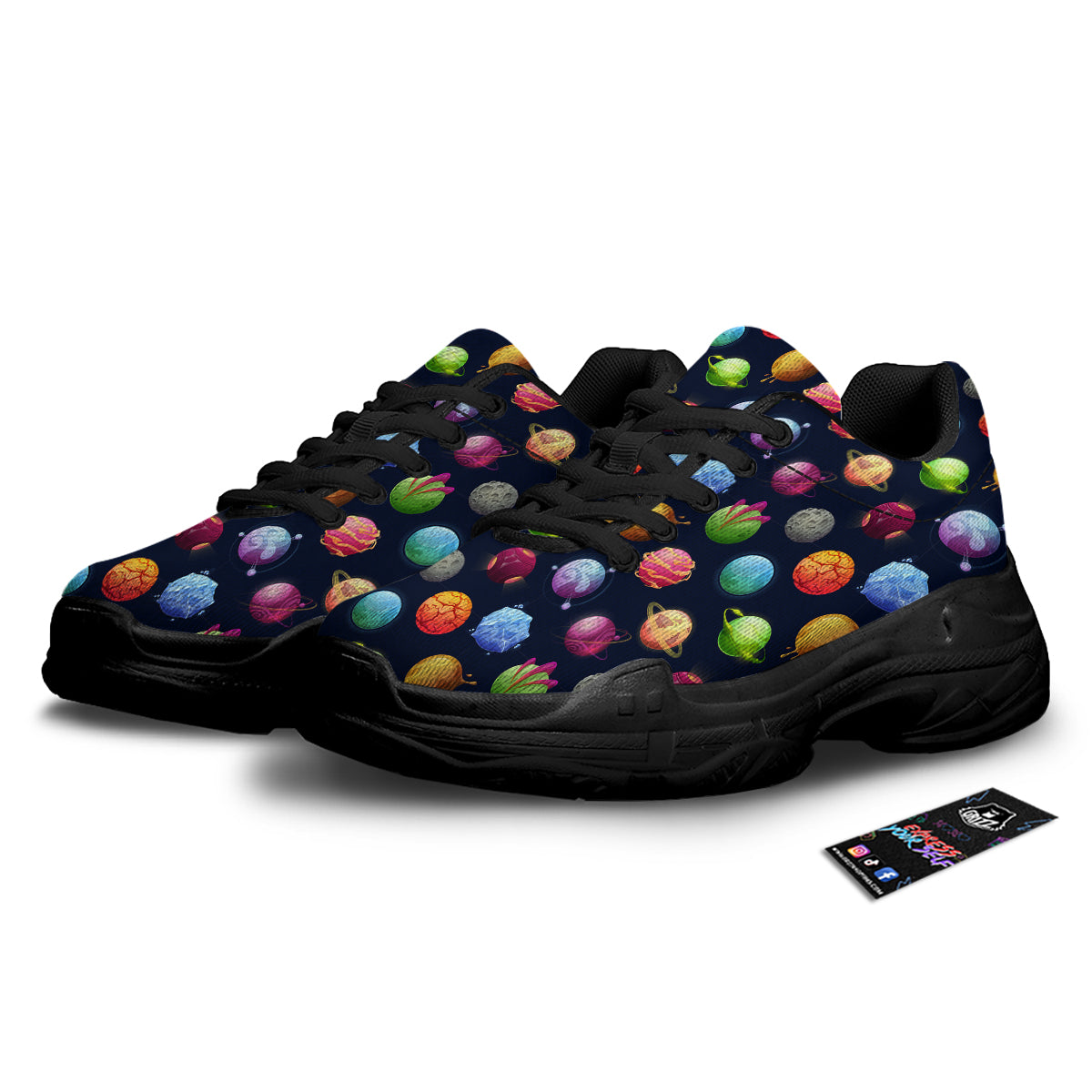 Alien Planets And Stars Print Pattern Black Chunky Shoes-grizzshop