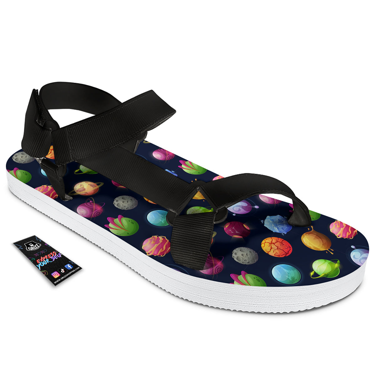 Alien Planets And Stars Print Pattern Black Open Toe Sandals-grizzshop