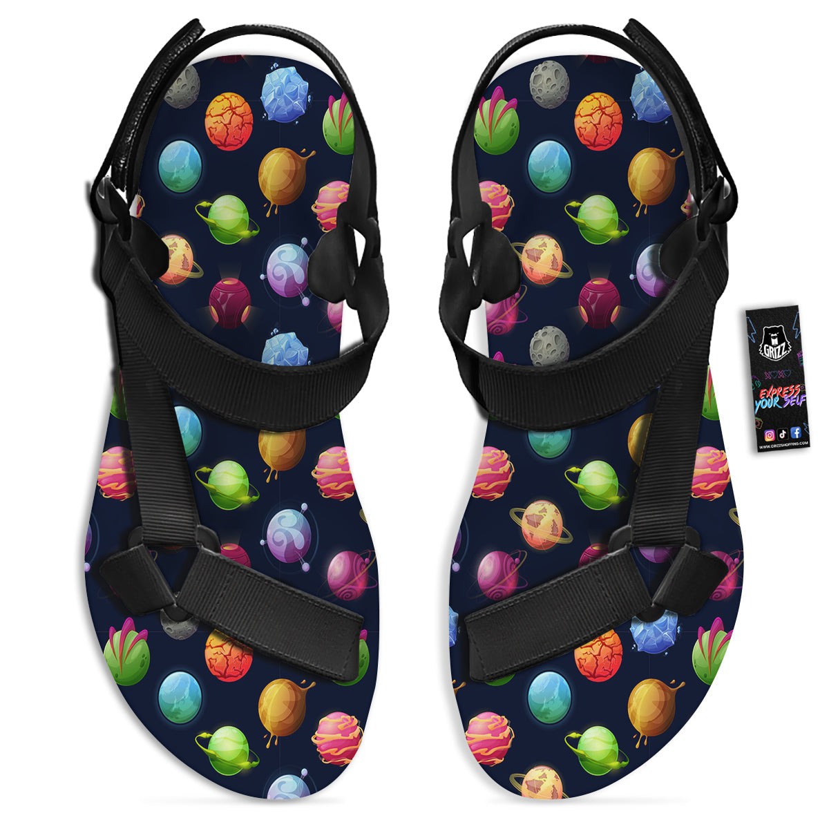 Alien Planets And Stars Print Pattern Black Open Toe Sandals-grizzshop