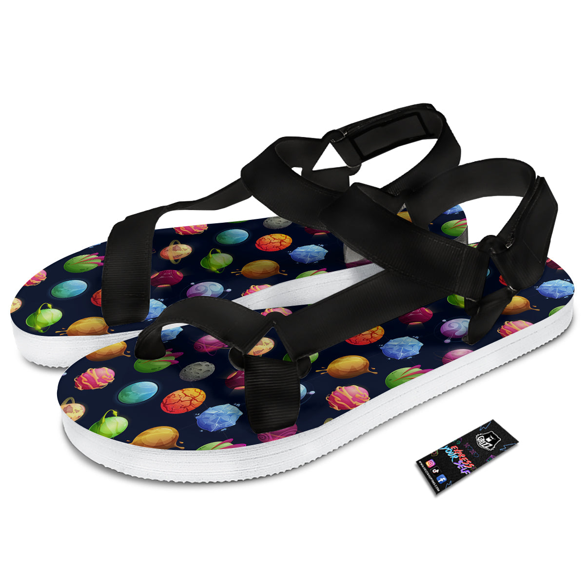 Alien Planets And Stars Print Pattern Black Open Toe Sandals-grizzshop