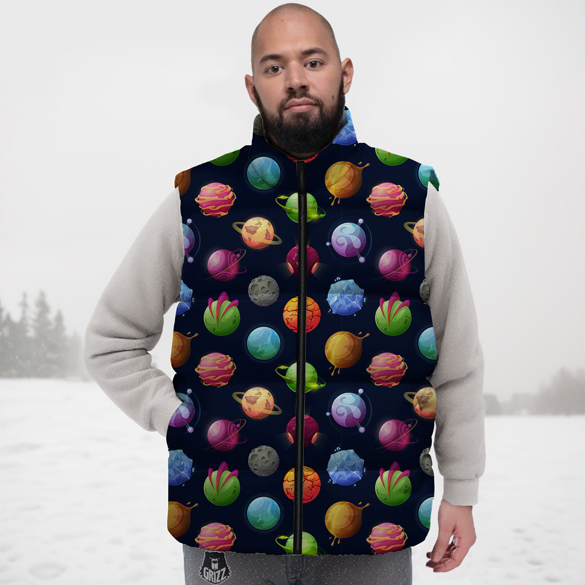 Alien Planets And Stars Print Pattern Down Vest