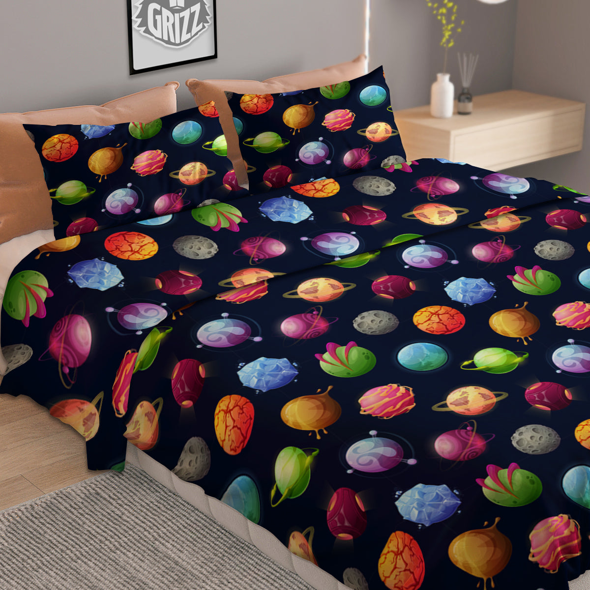 Alien Planets And Stars Print Pattern Duvet Cover Bedding Set