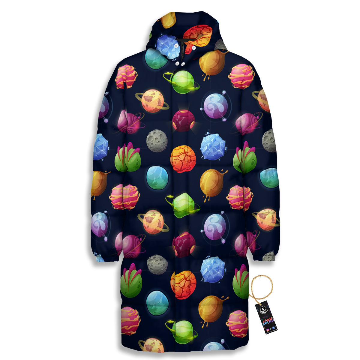 Alien Planets And Stars Print Pattern Long Down Jacket-grizzshop
