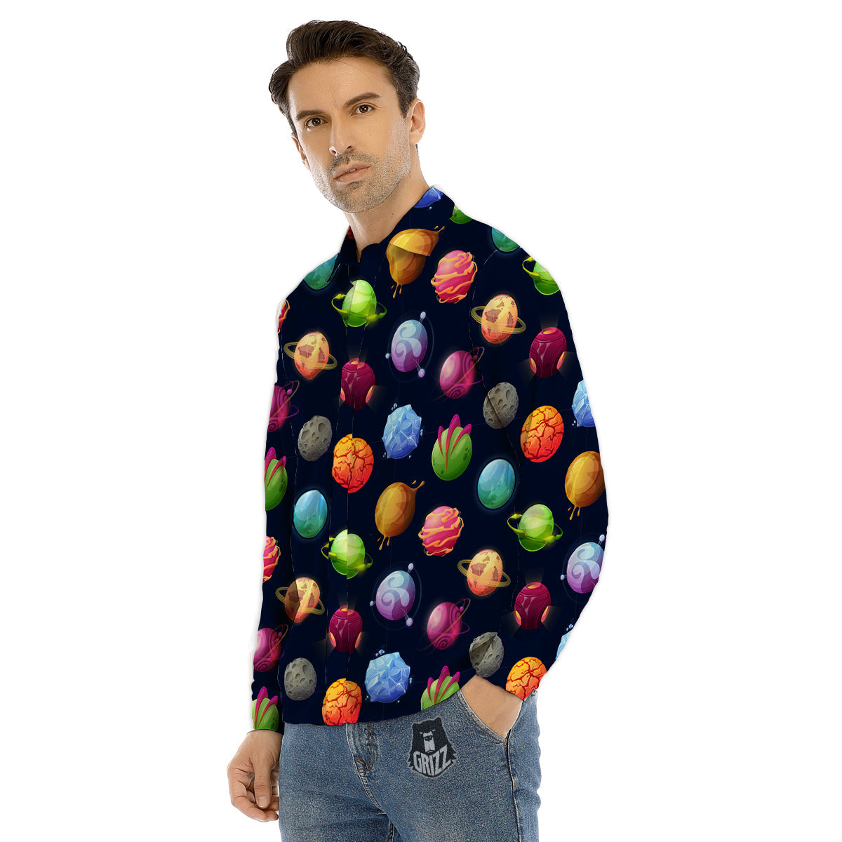 Alien Planets And Stars Print Pattern Men's Dress Shirts-grizzshop