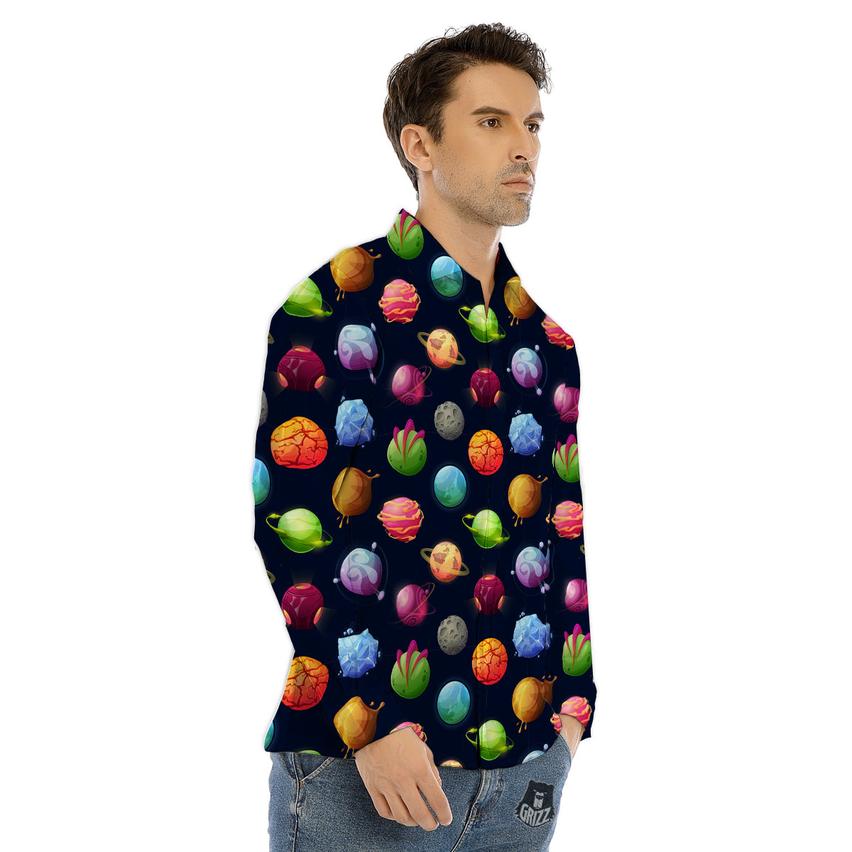 Alien Planets And Stars Print Pattern Men's Dress Shirts-grizzshop