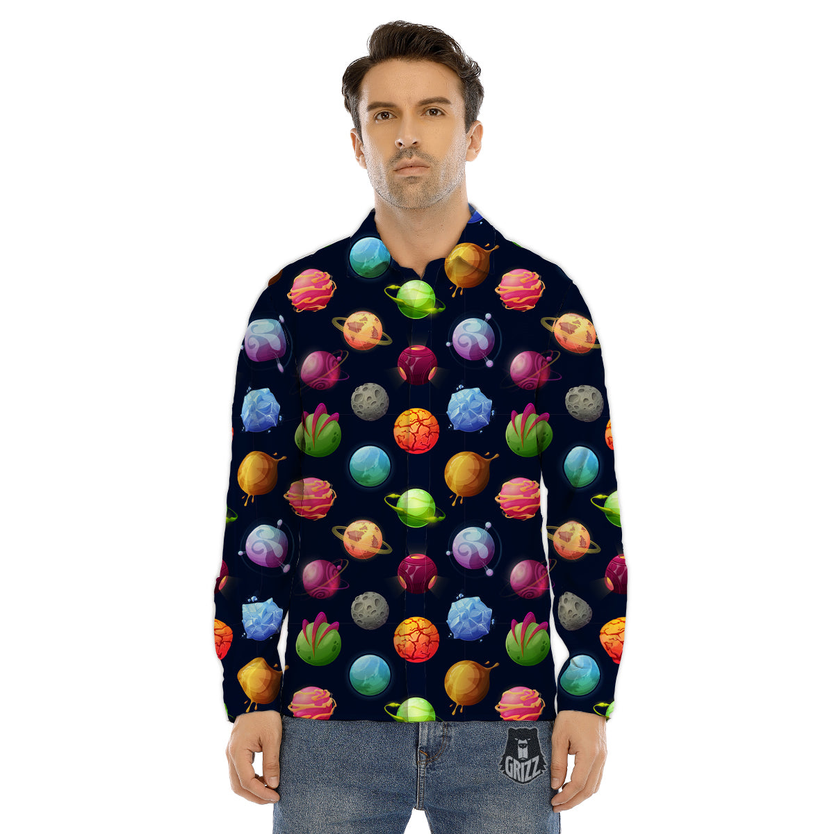 Alien Planets And Stars Print Pattern Men's Dress Shirts-grizzshop