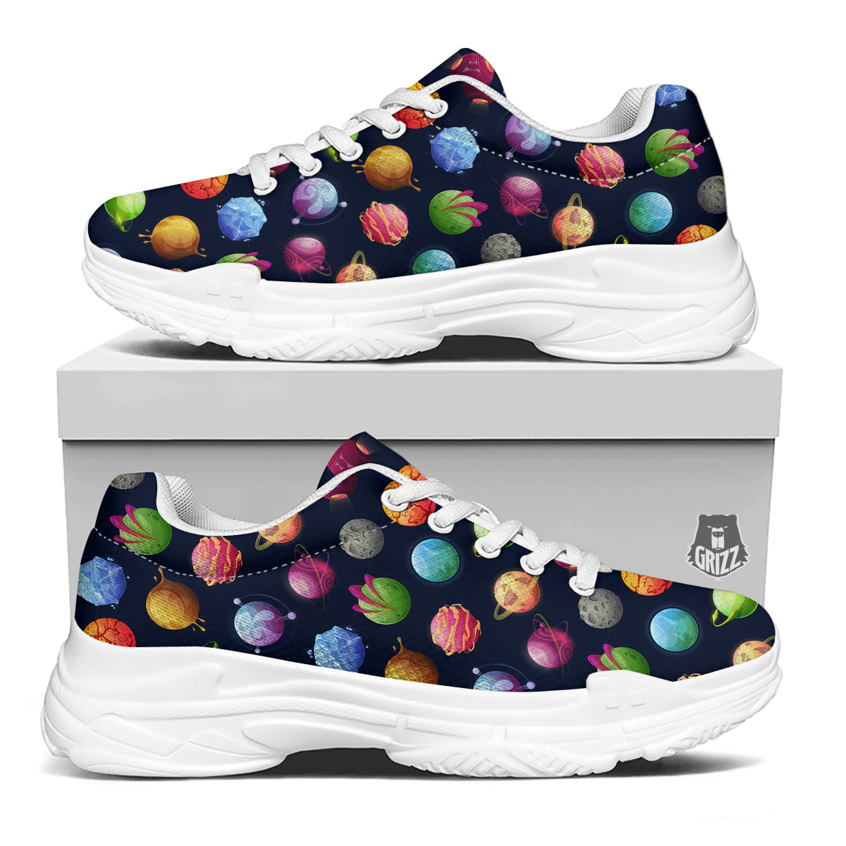 Alien Planets And Stars Print Pattern White Chunky Shoes-grizzshop