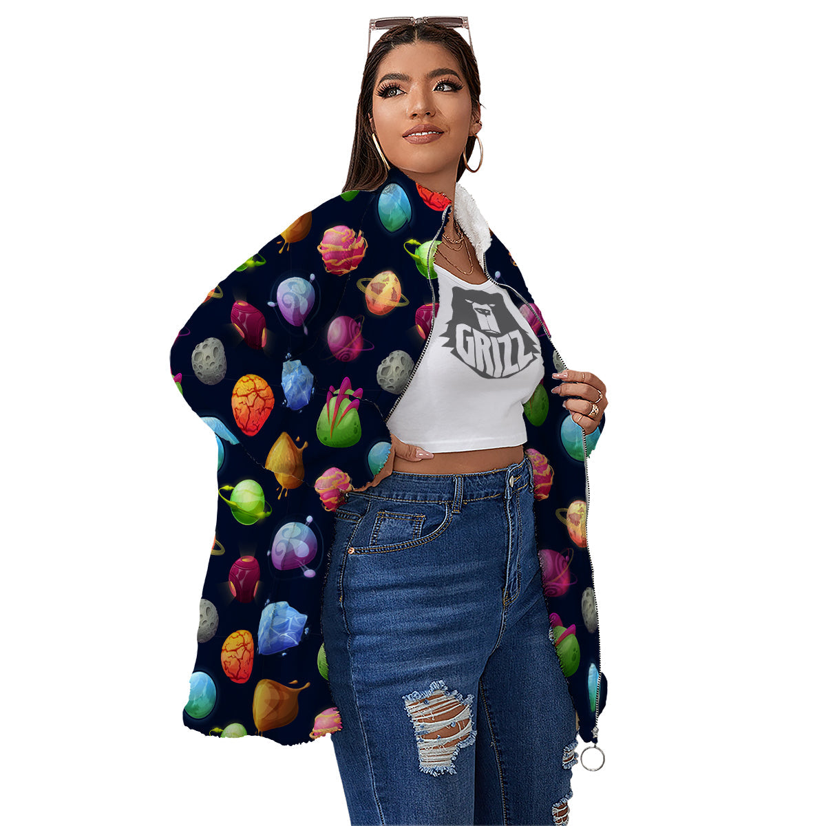 Alien Planets And Stars Print Pattern Women's Sherpa Jacket-grizzshop