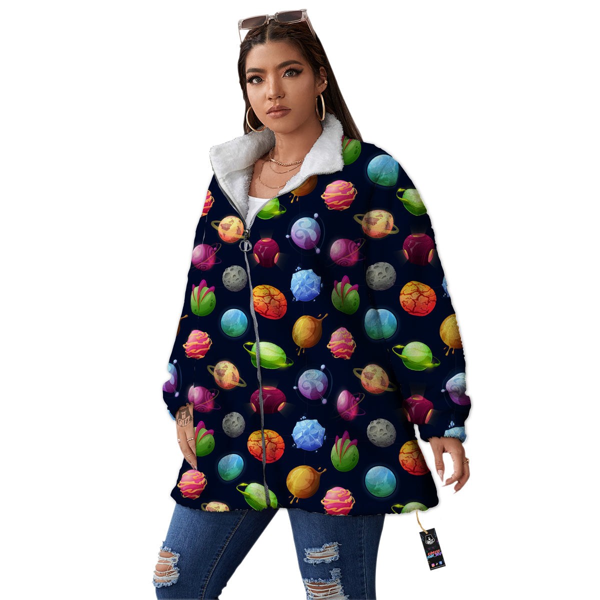 Alien Planets And Stars Print Pattern Women's Sherpa Jacket-grizzshop