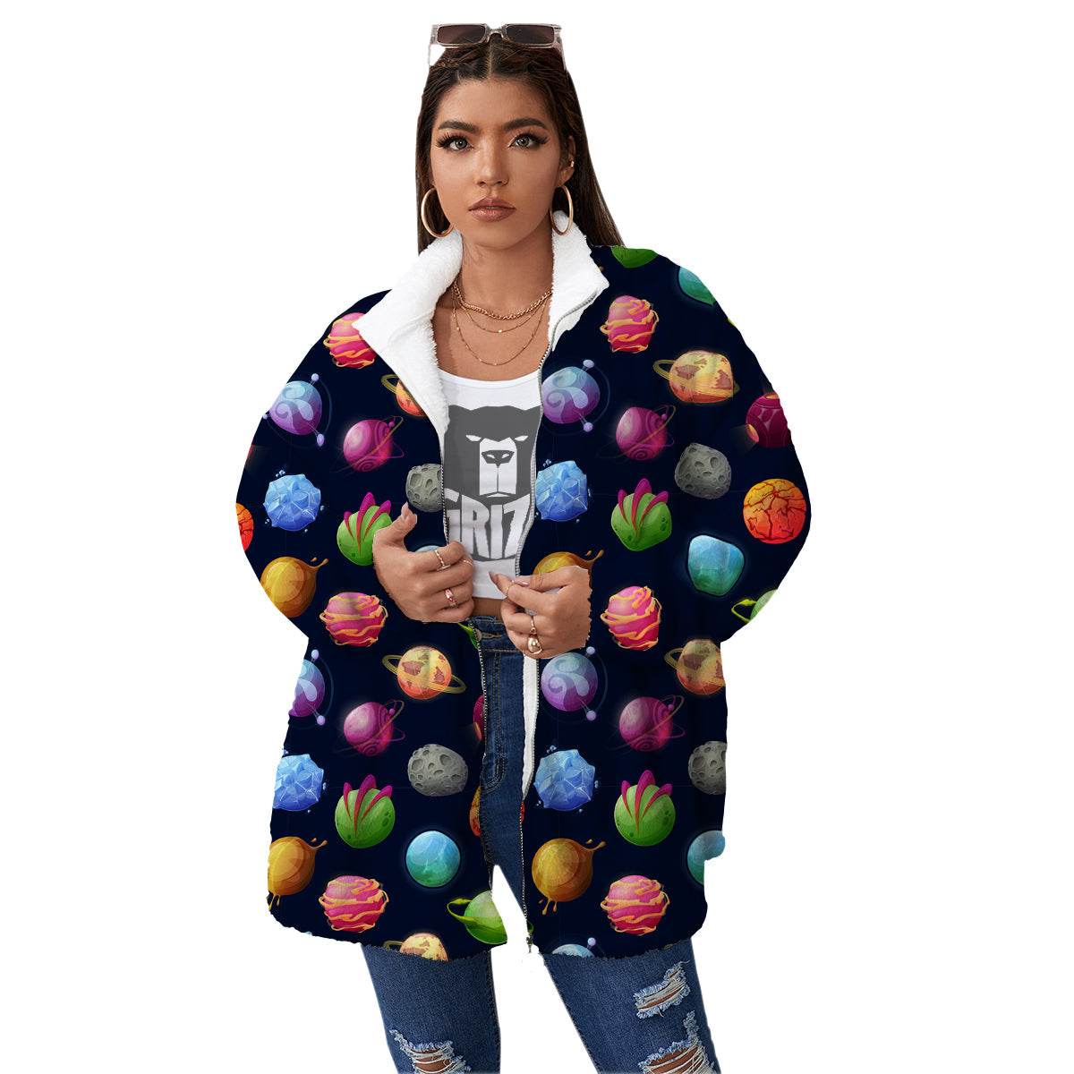 Alien Planets And Stars Print Pattern Women's Sherpa Jacket-grizzshop