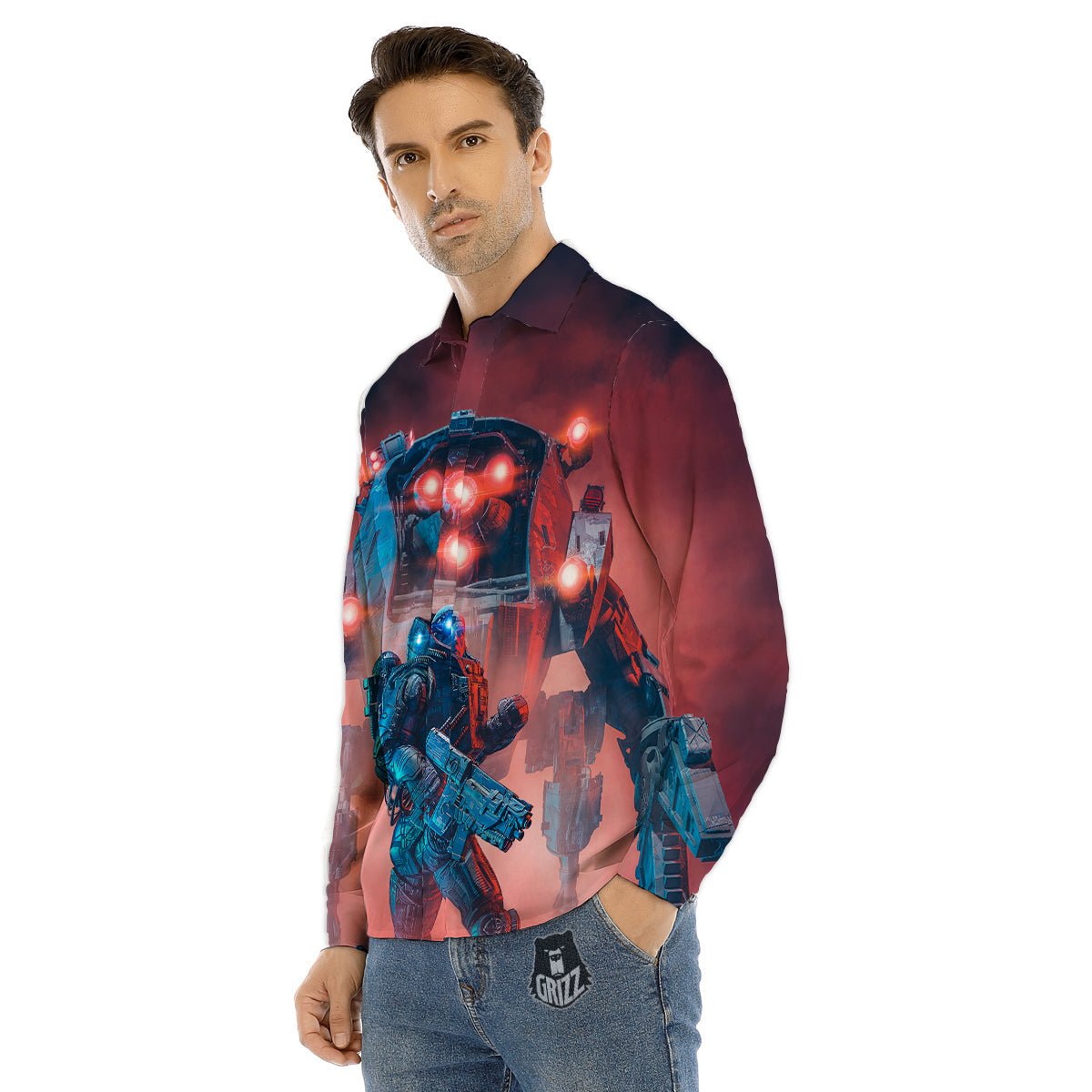 Alien Robot In the battlefield Men's Dress Shirts-grizzshop