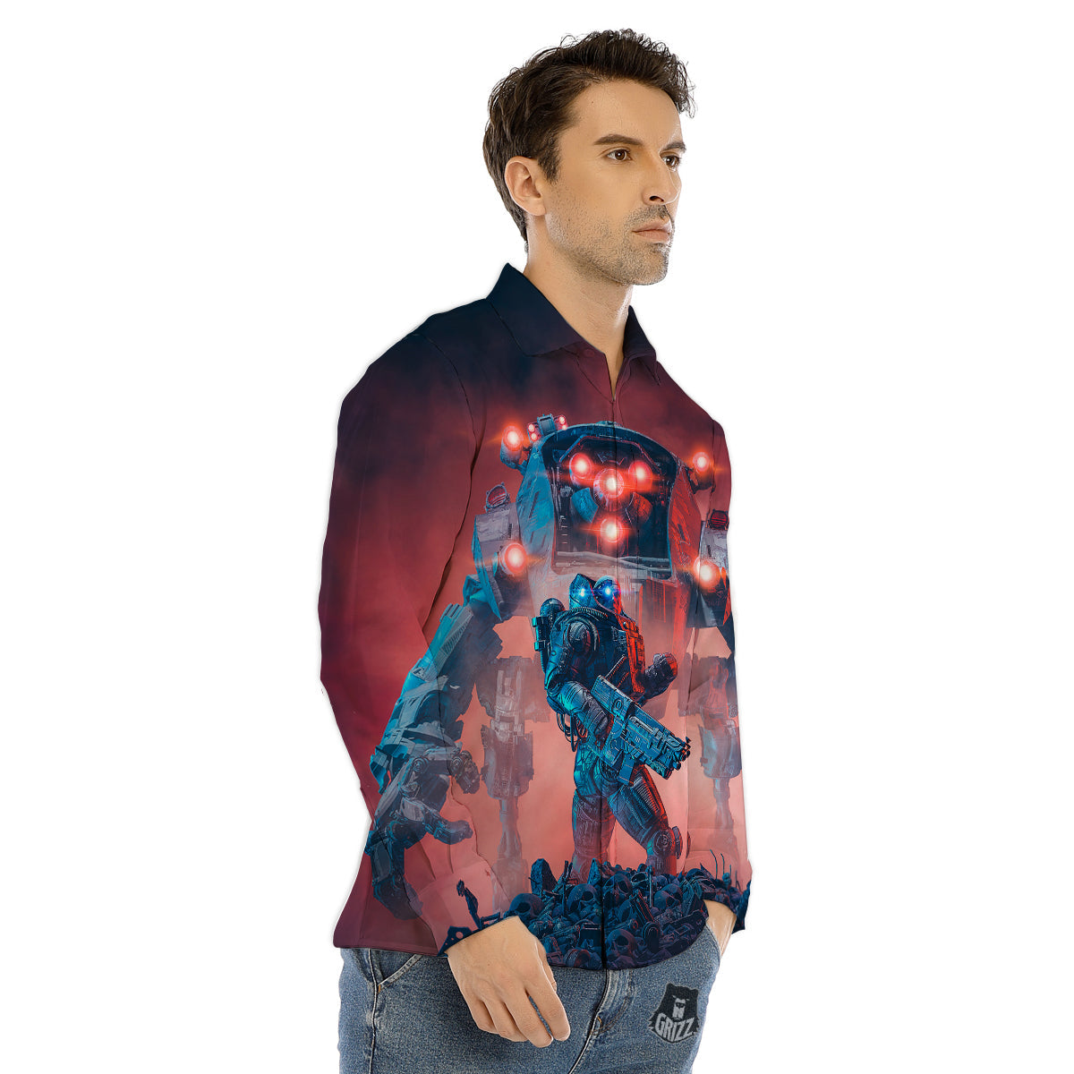 Alien Robot In the battlefield Men's Dress Shirts-grizzshop
