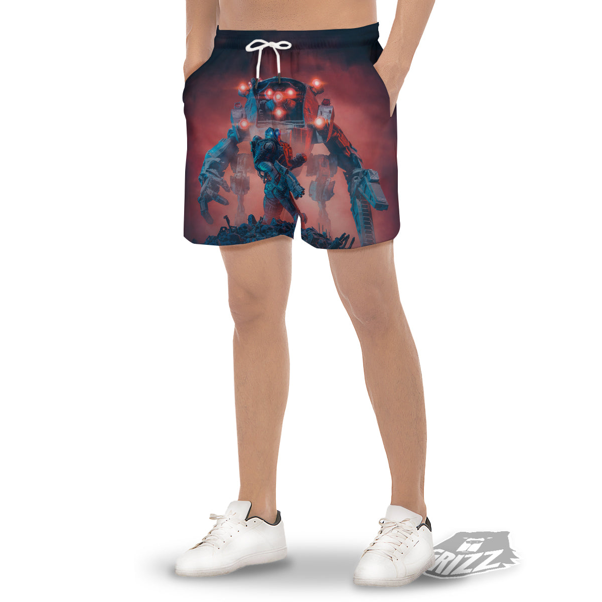 Alien Robot In the battlefield Men's Gym Shorts-grizzshop