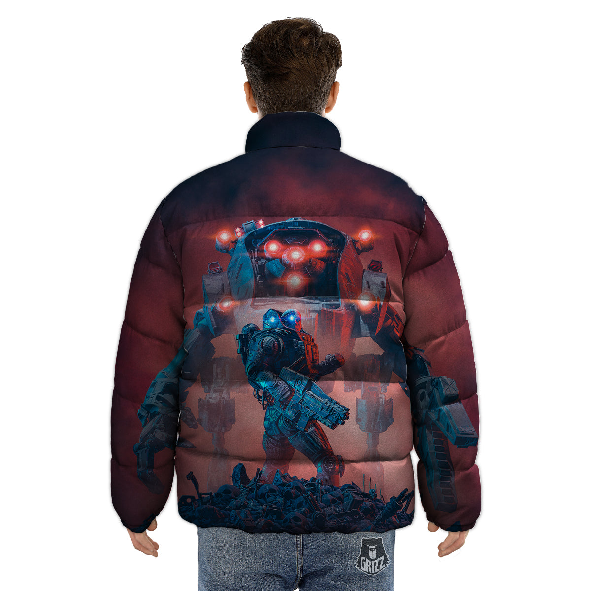 Alien Robot In the battlefield Puffer Jacket-grizzshop