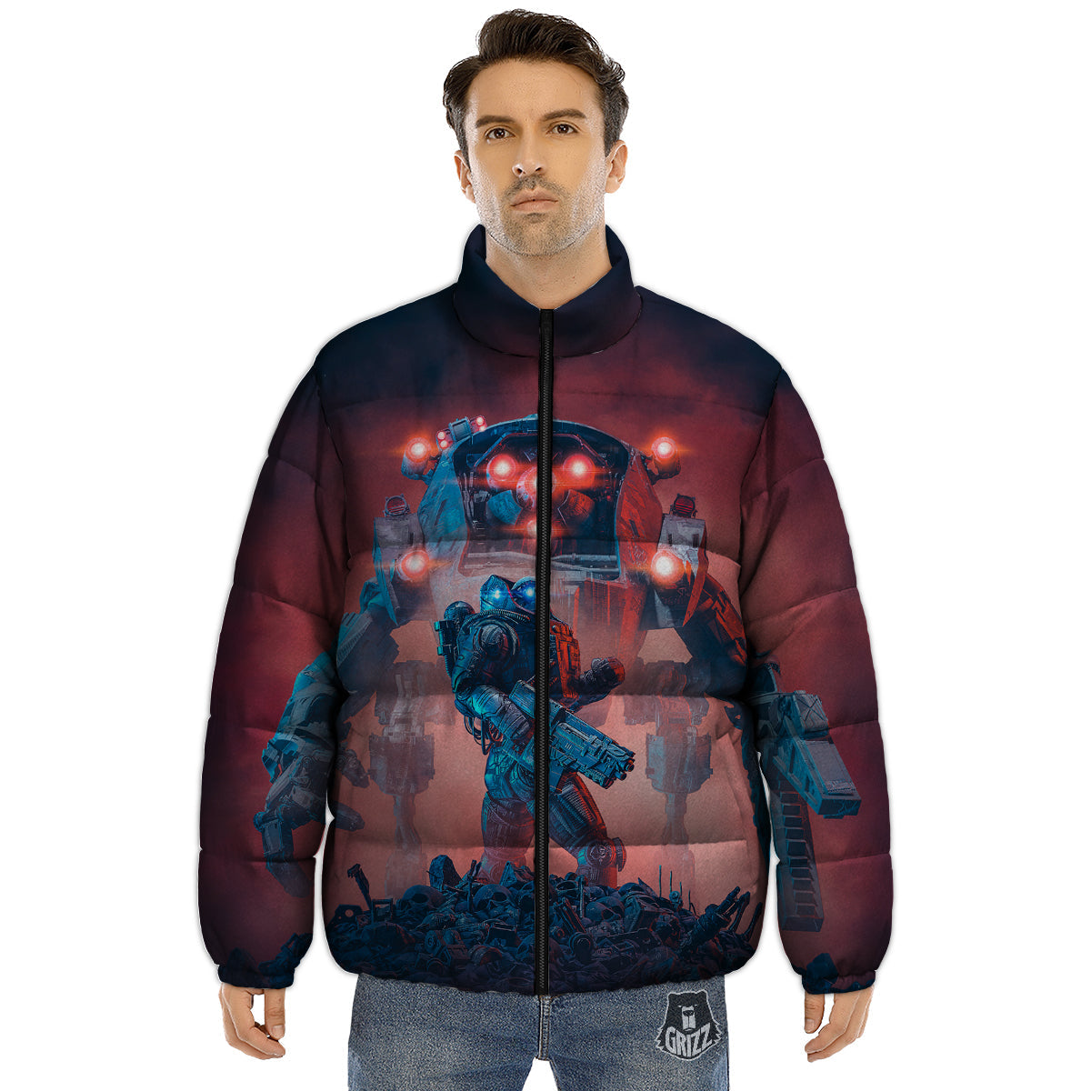 Alien Robot In the battlefield Puffer Jacket-grizzshop
