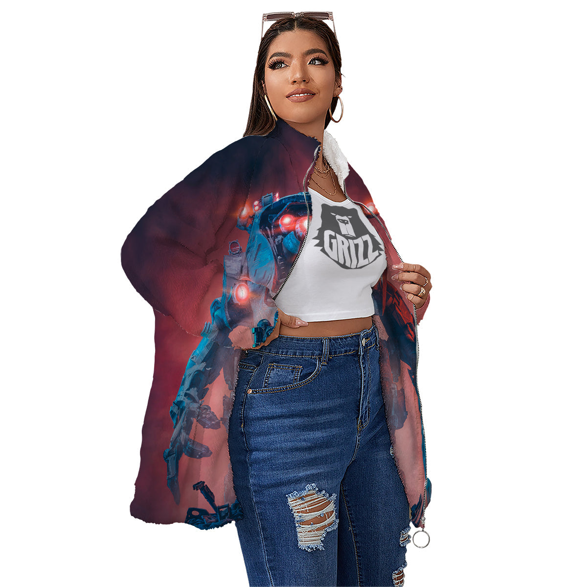 Alien Robot In the battlefield Women's Sherpa Jacket-grizzshop