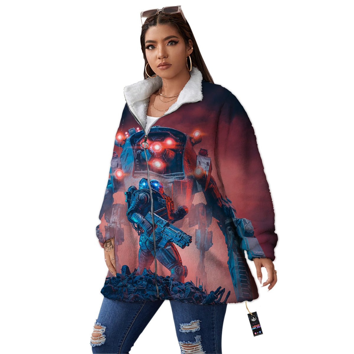 Alien Robot In the battlefield Women's Sherpa Jacket-grizzshop