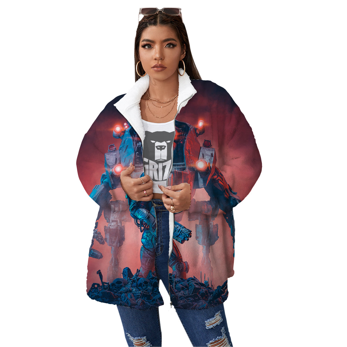 Alien Robot In the battlefield Women's Sherpa Jacket-grizzshop