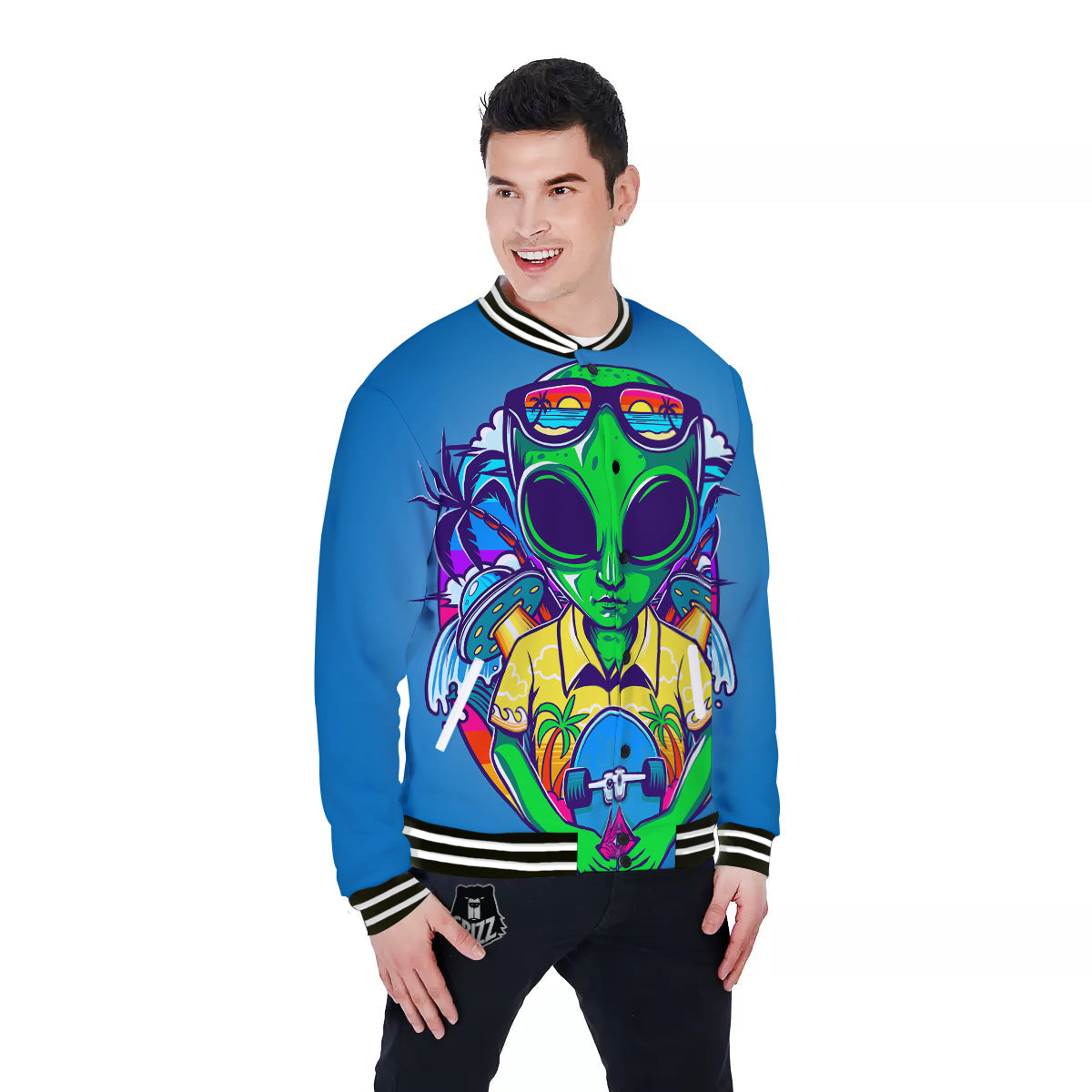 Alien Summer Beach Print Baseball Jacket-grizzshop