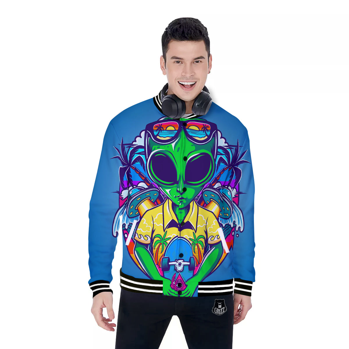 Alien Summer Beach Print Baseball Jacket-grizzshop