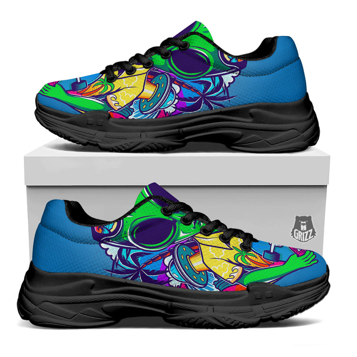 Alien Summer Beach Print Black Chunky Shoes-grizzshop
