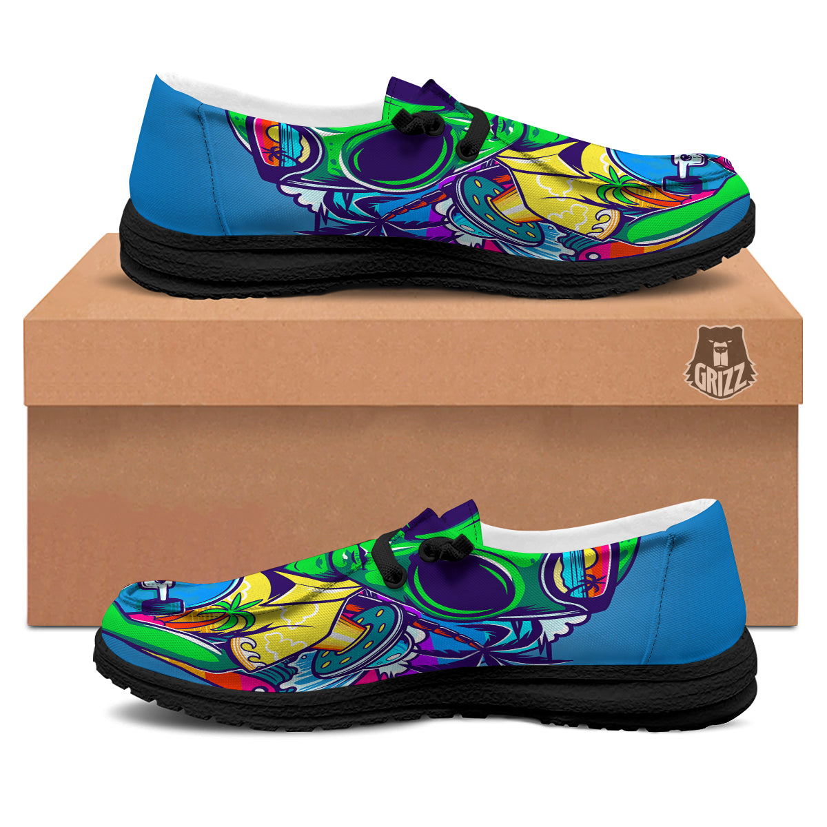 Alien Summer Beach Print Black Loafers-grizzshop
