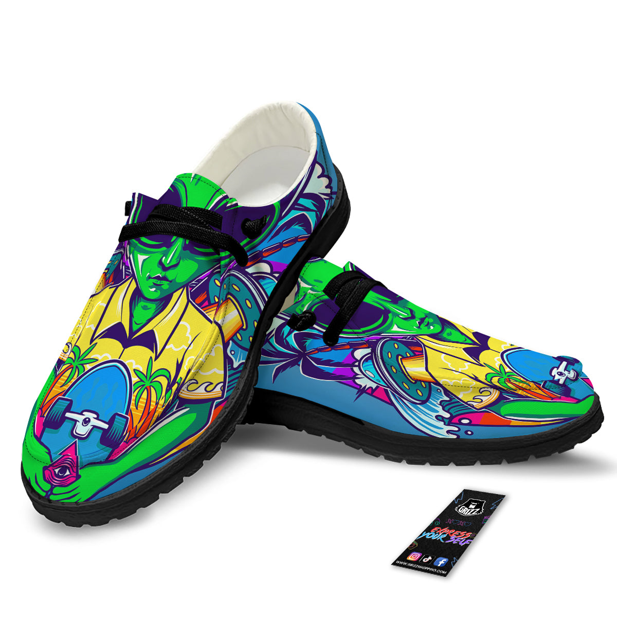 Alien Summer Beach Print Black Loafers-grizzshop