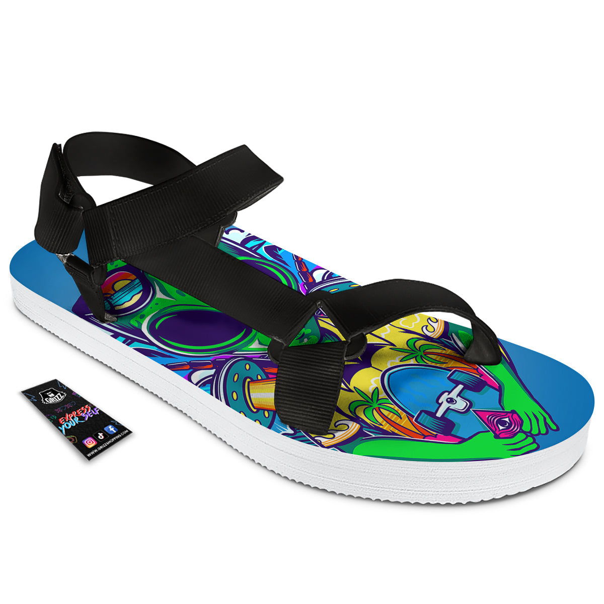 Alien Summer Beach Print Black Open Toe Sandals-grizzshop
