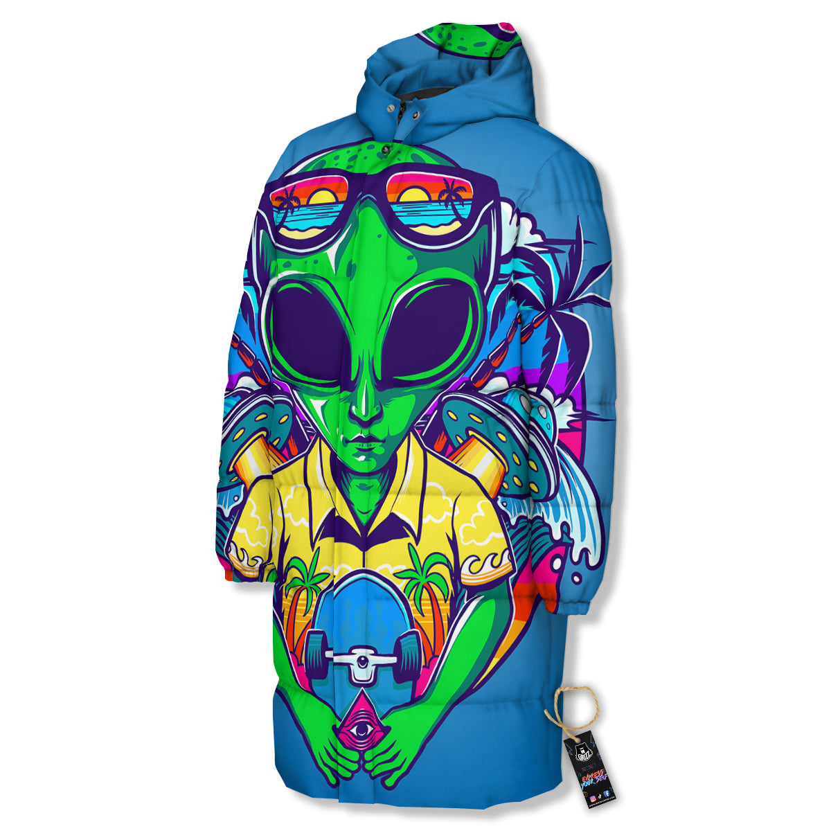 Alien Summer Beach Print Long Down Jacket-grizzshop
