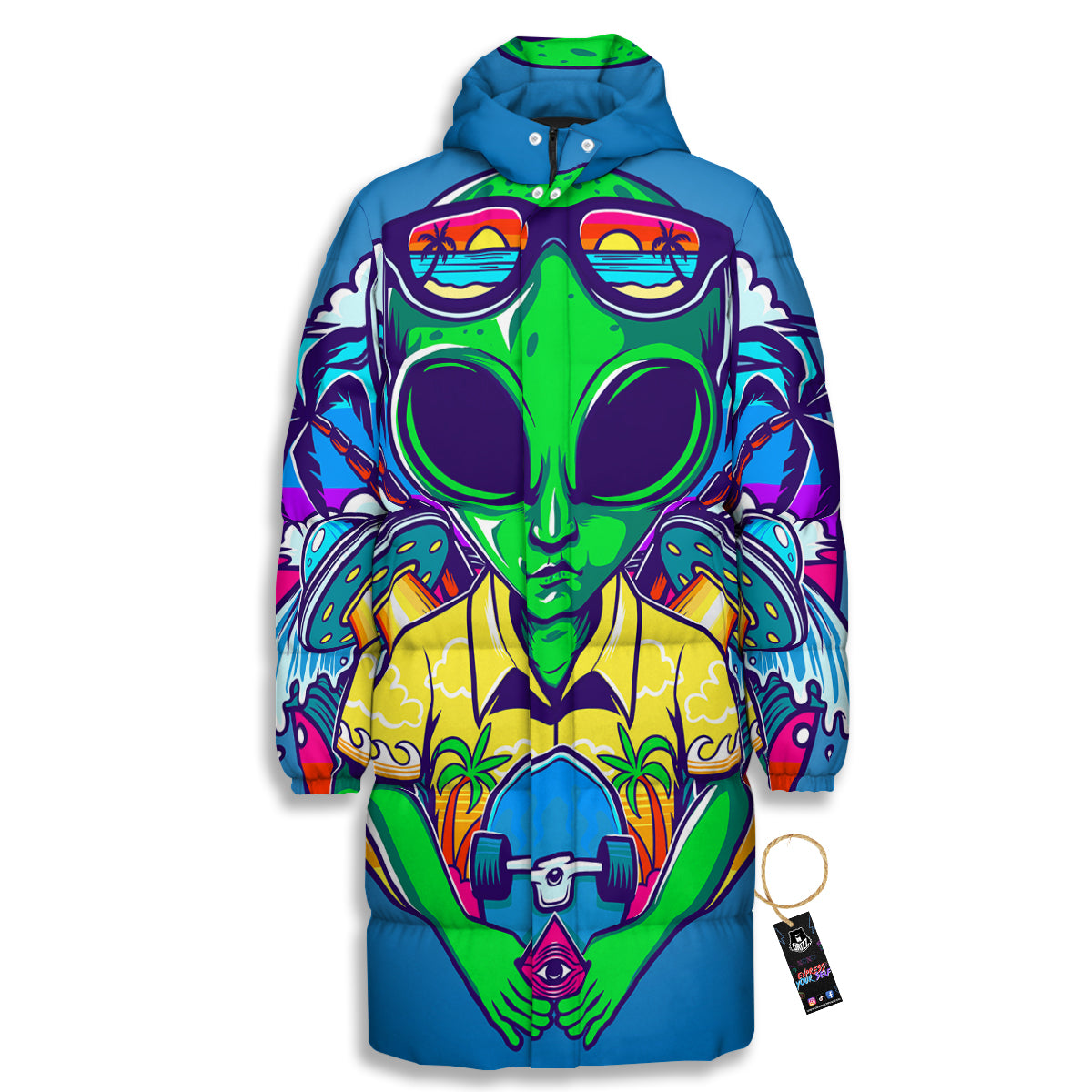 Alien Summer Beach Print Long Down Jacket-grizzshop