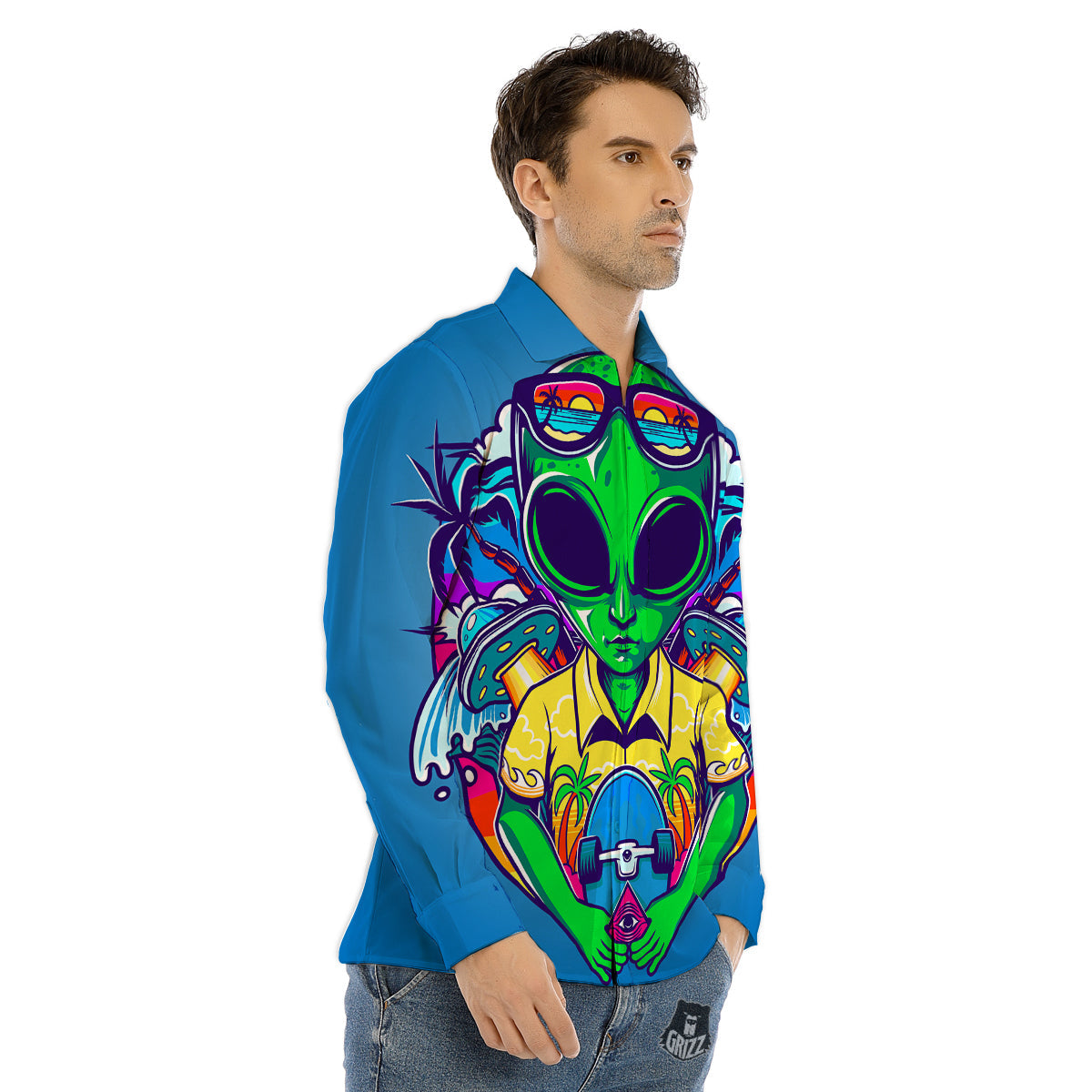 Alien Summer Beach Print Men's Dress Shirts-grizzshop