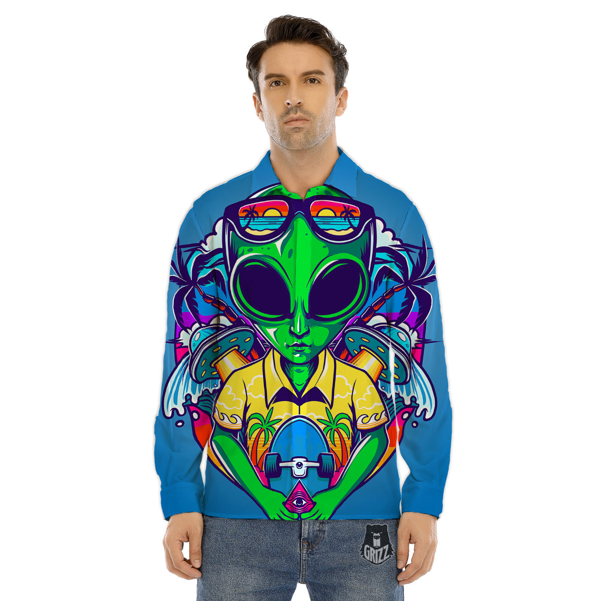 Alien Summer Beach Print Men's Dress Shirts-grizzshop