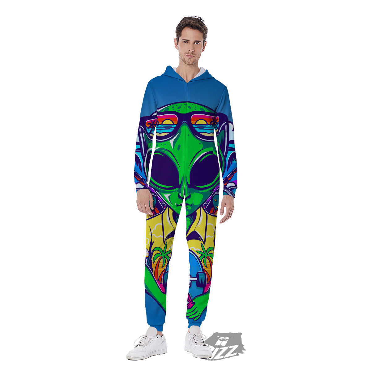 Alien Summer Beach Print Men's Jumpsuit-grizzshop