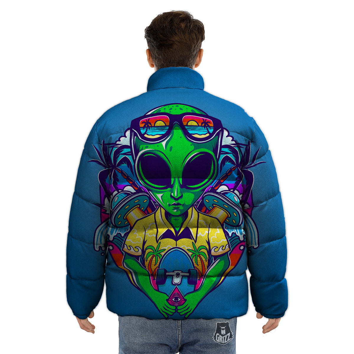 Alien Summer Beach Print Puffer Jacket-grizzshop