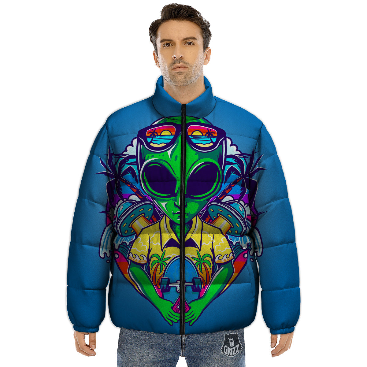 Alien Summer Beach Print Puffer Jacket-grizzshop