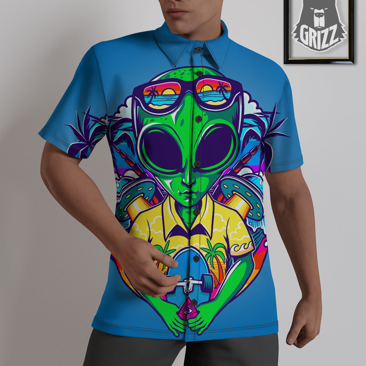 Alien Summer Beach Print Untucked Shirts-grizzshop