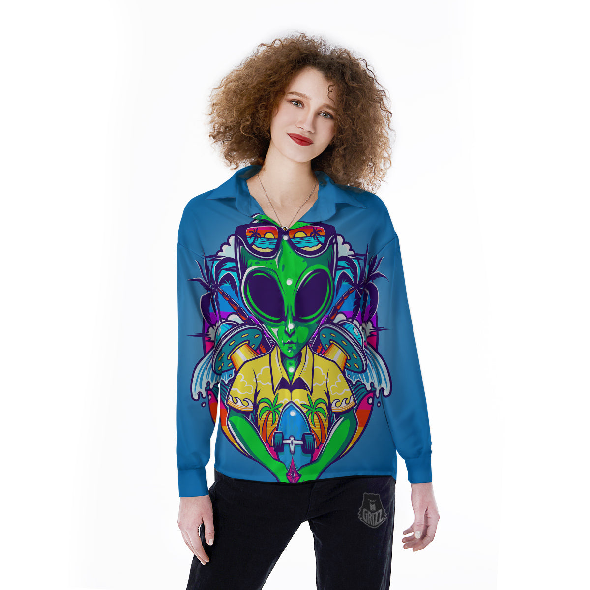 Alien Summer Beach Print Women's Long Sleeve Shirts-grizzshop