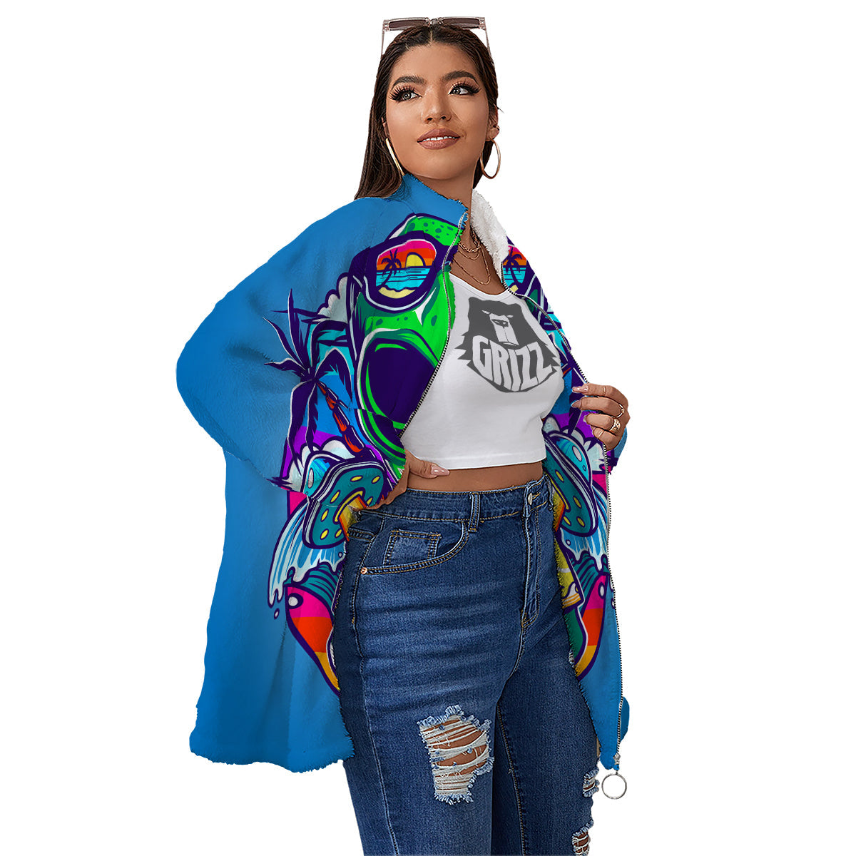Alien Summer Beach Print Women's Sherpa Jacket-grizzshop