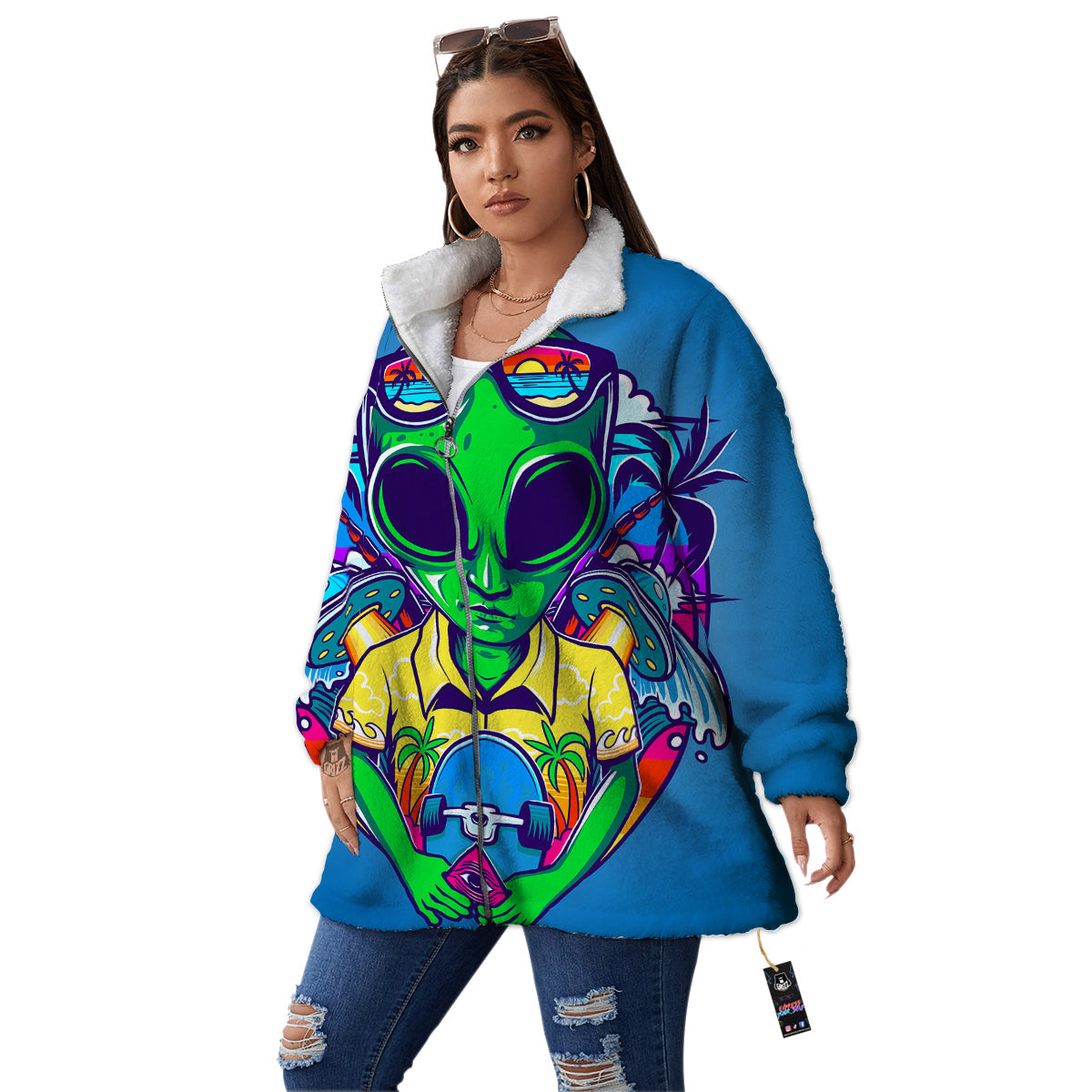 Alien Summer Beach Print Women's Sherpa Jacket-grizzshop