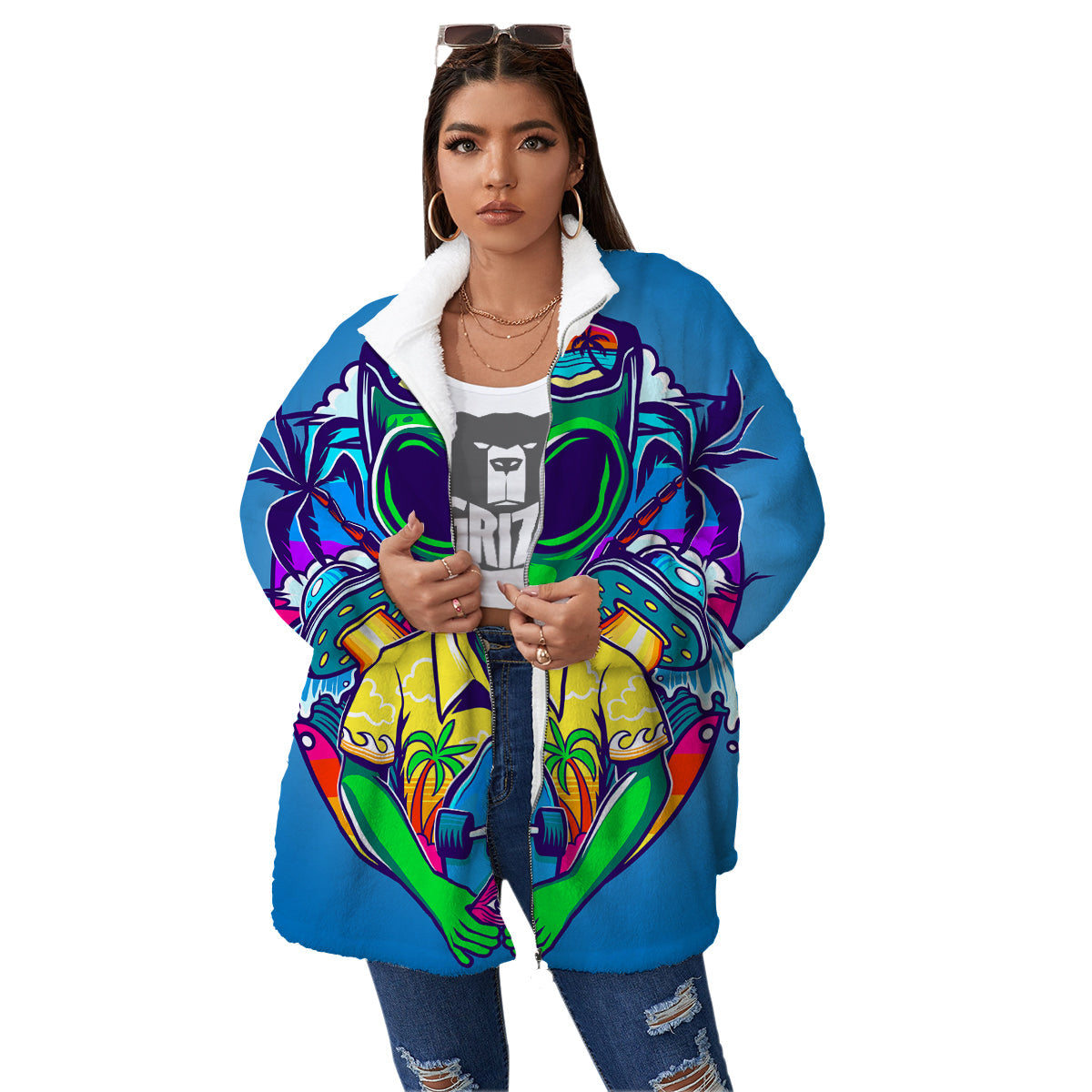 Alien Summer Beach Print Women's Sherpa Jacket-grizzshop