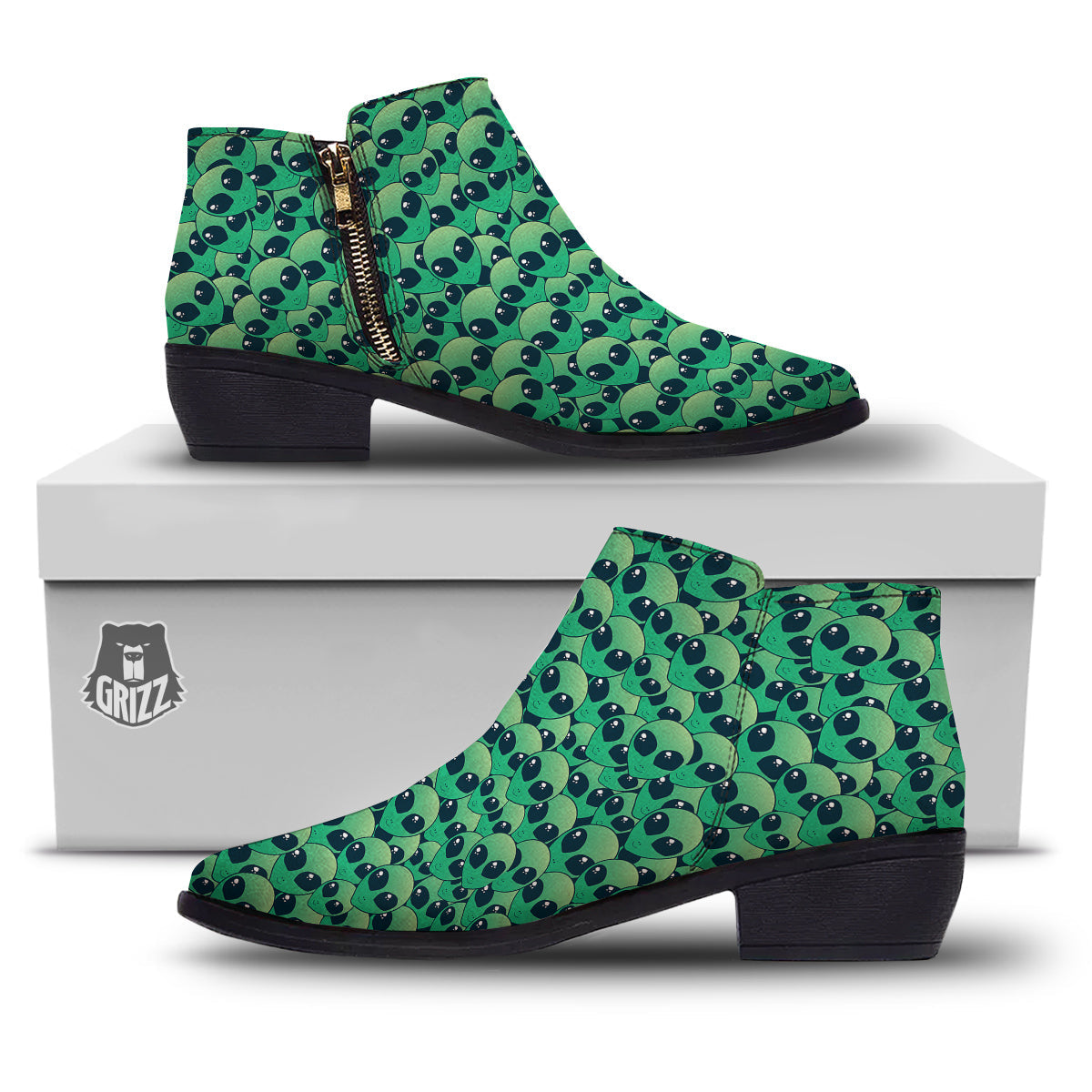 Alien UFO Green Cute Print Ankle Boots-grizzshop