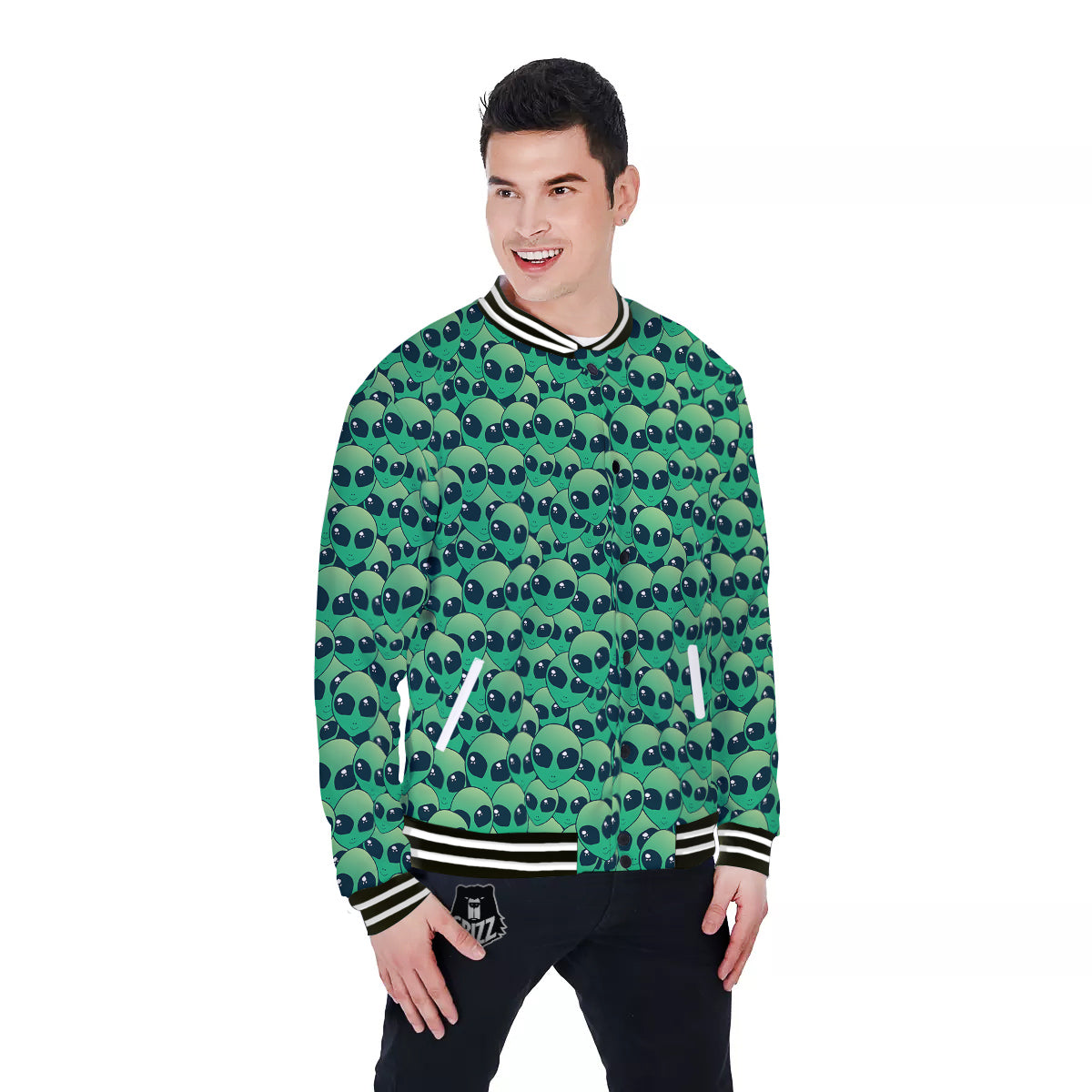 Alien UFO Green Cute Print Baseball Jacket-grizzshop