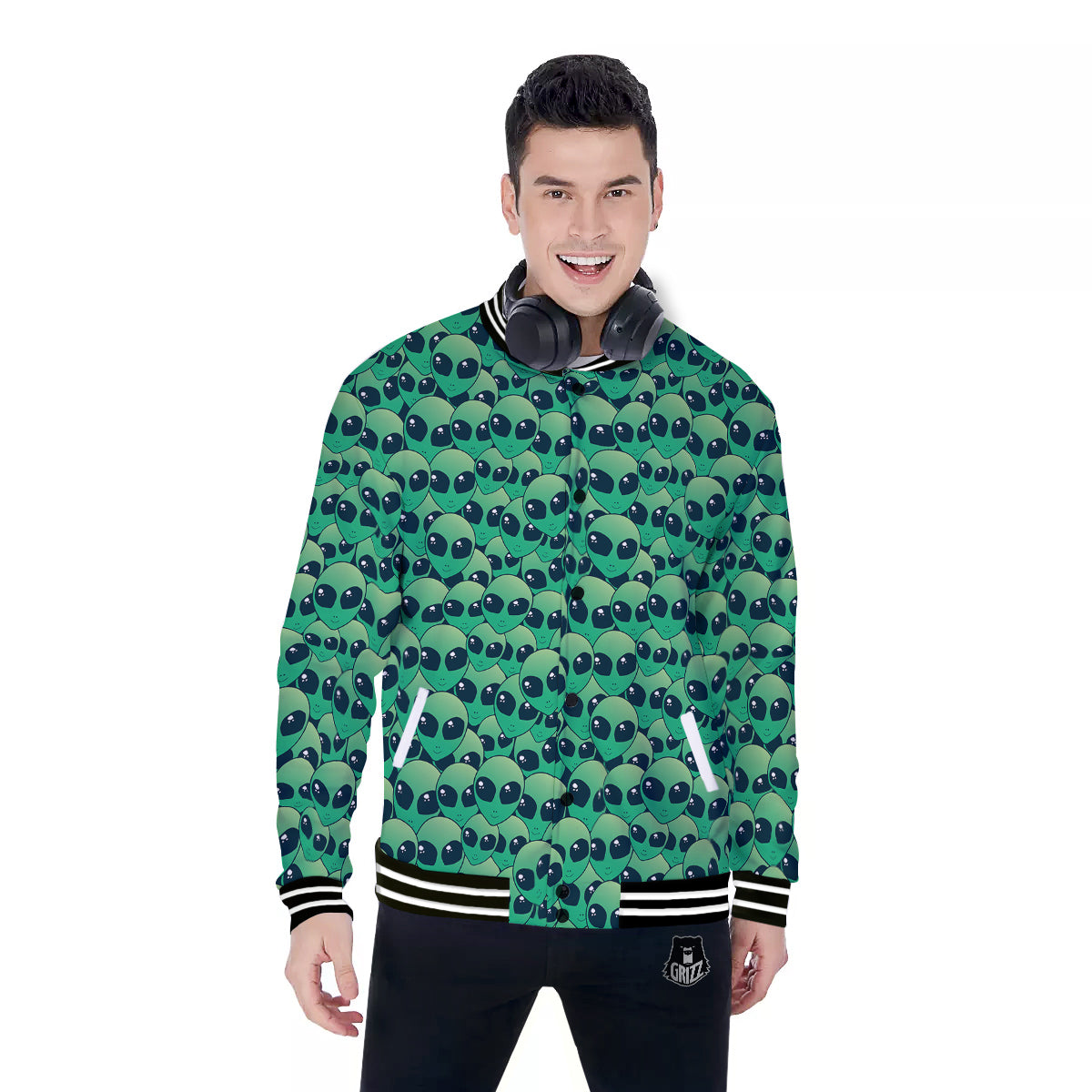 Alien UFO Green Cute Print Baseball Jacket-grizzshop